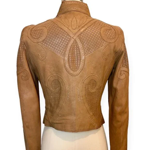 ELIE TAHARI X BERGDORF GOODMAN Cognac Ornate Leather Jacket, Size Small